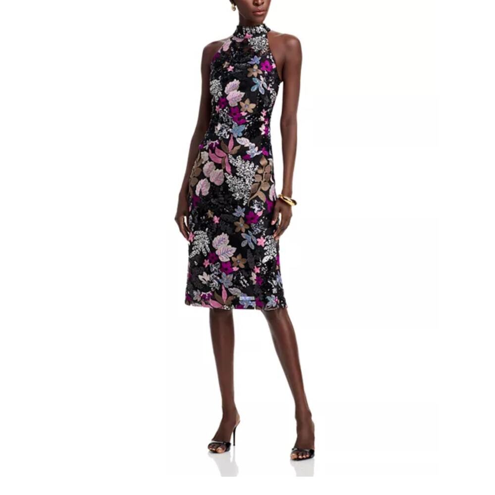 Elie Tahari Aldana Black Floral Sequin One Shoulder Midi Dress NWT Size 4 Gala